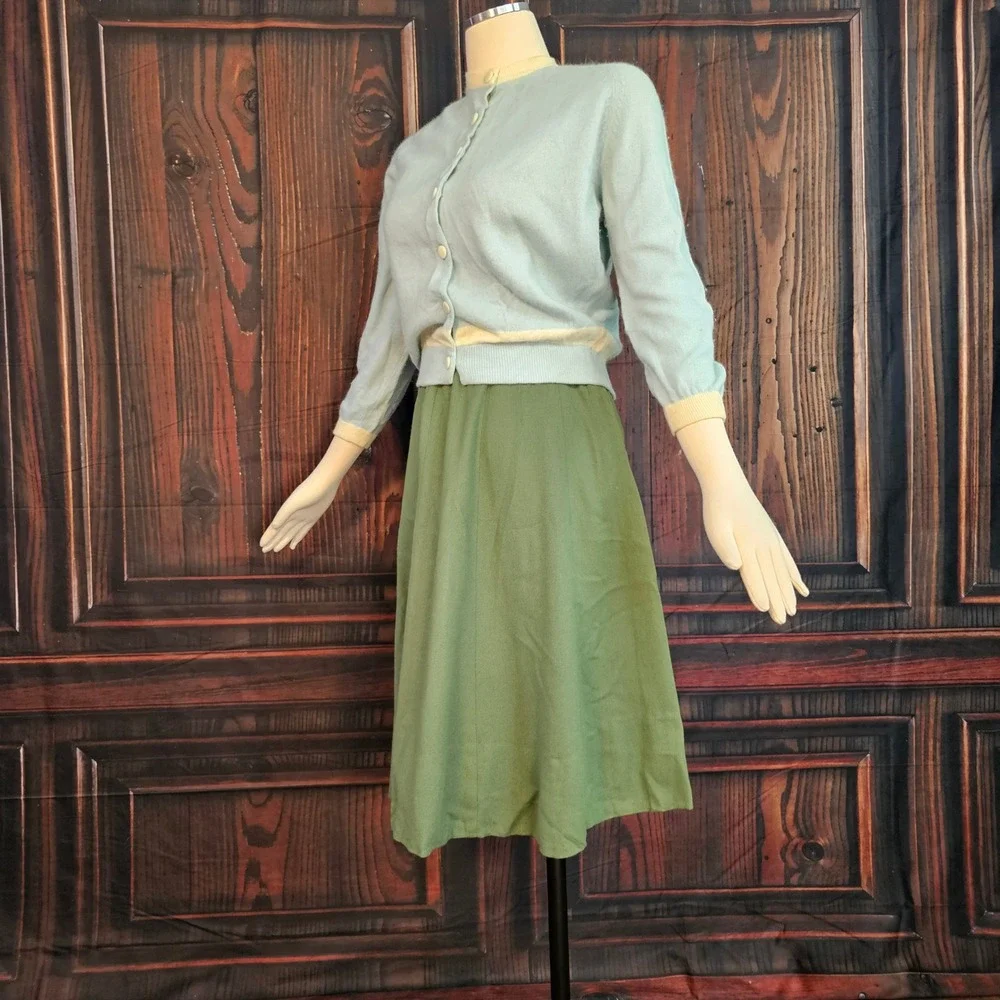 Vintage 1950s Elliot Import Angora Lambswool Cardigan Blue Cream Buttons Pinup